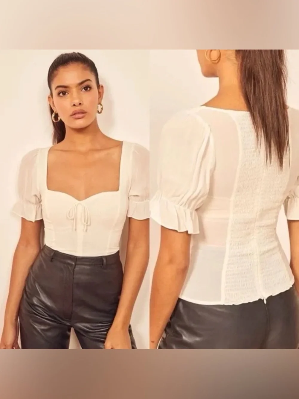 Reformation Cream Square-Neck Puff Sleeve Blouse